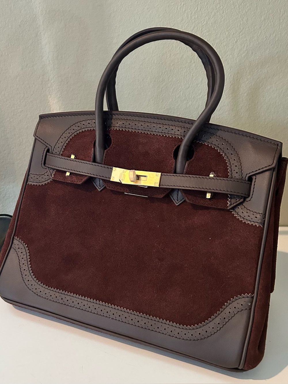 30cm Dark Brown Suede & Leather Top-Handle Satchel BK Style